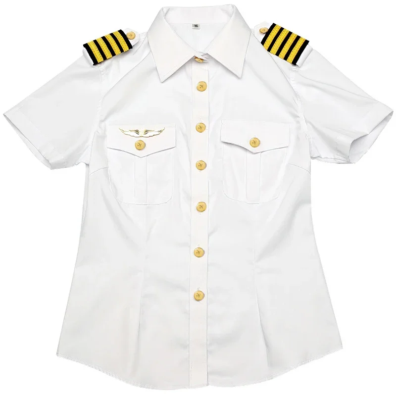 Pilot Shirts for Women Short Sleeve with Epaulets Flight Attendant Clothing Female Pilot Uniform Stewardess Costume Accessories