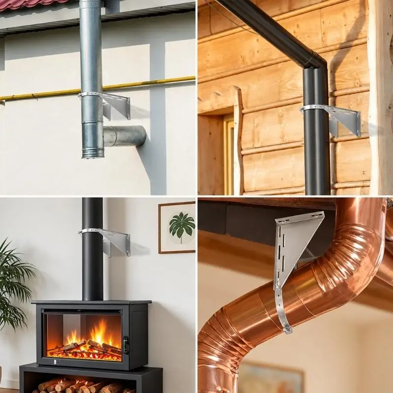 304 Steel 8Inch Chimney Wall Support Bracket, Adjustable Pipe Clamp Assembly with Two Open-Slot Mounting Rod for Flue Pipe M4YD
