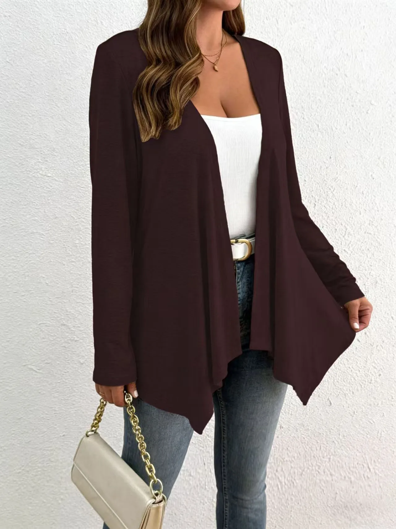 مقاس كبير للسيدات بأكمام طويلة بلون سادة، حاشية غير متماثلة، سترة كاجوال مفتوحة من الأمام، ملابس بمقاسات كبيرة #3