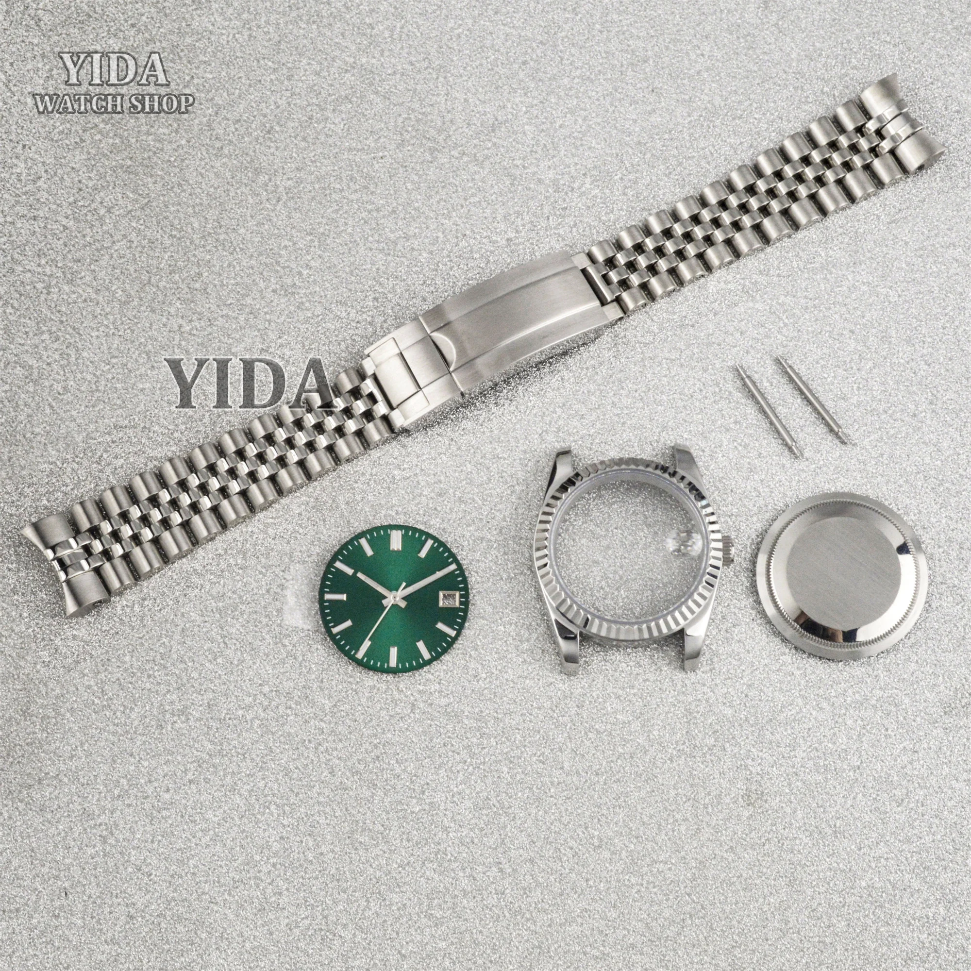 Obudowa zegarka NH35 36/39mm Zielona Luminescencyjna Tarcza Wskazówki Srebrny Pasek ze Stali Nierdzewnej Do Mechanizmu Automatycznego NH36 Mod Datejust