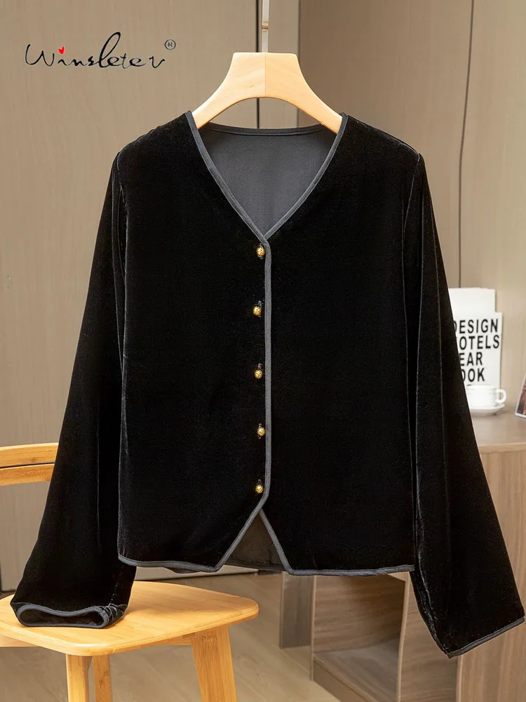 

Winsleter-100% Элегантная бархатная рубашка из натурального шелка, V-образный вырез с длинным рукавом, женская универсальная повседневная свободная блузка в стиле ретро, осень 2025 T5O440CC