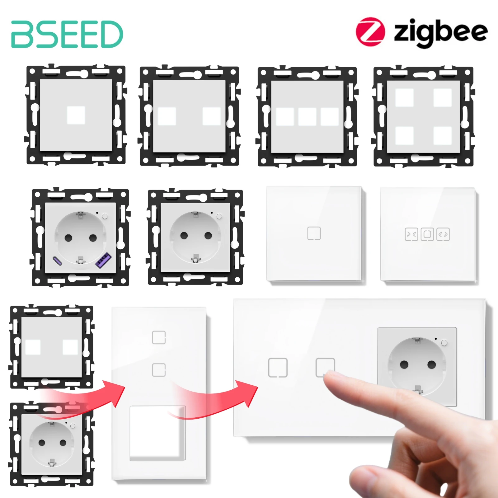

Модуль переключателей BSEED Zigbee, сенсорные переключатели со стеклянной панелью, USB C, разъем для зарядки телефона, порт, умная функциональная ключ, детали розетки европейского стандарта