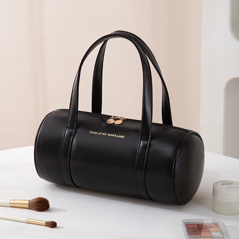 Fashion PU Tote Cylinder Cosmetic Storage Bag Handbag Portable Women Makeup Washbag Travel Organizer Female Make Up Zipper Bag