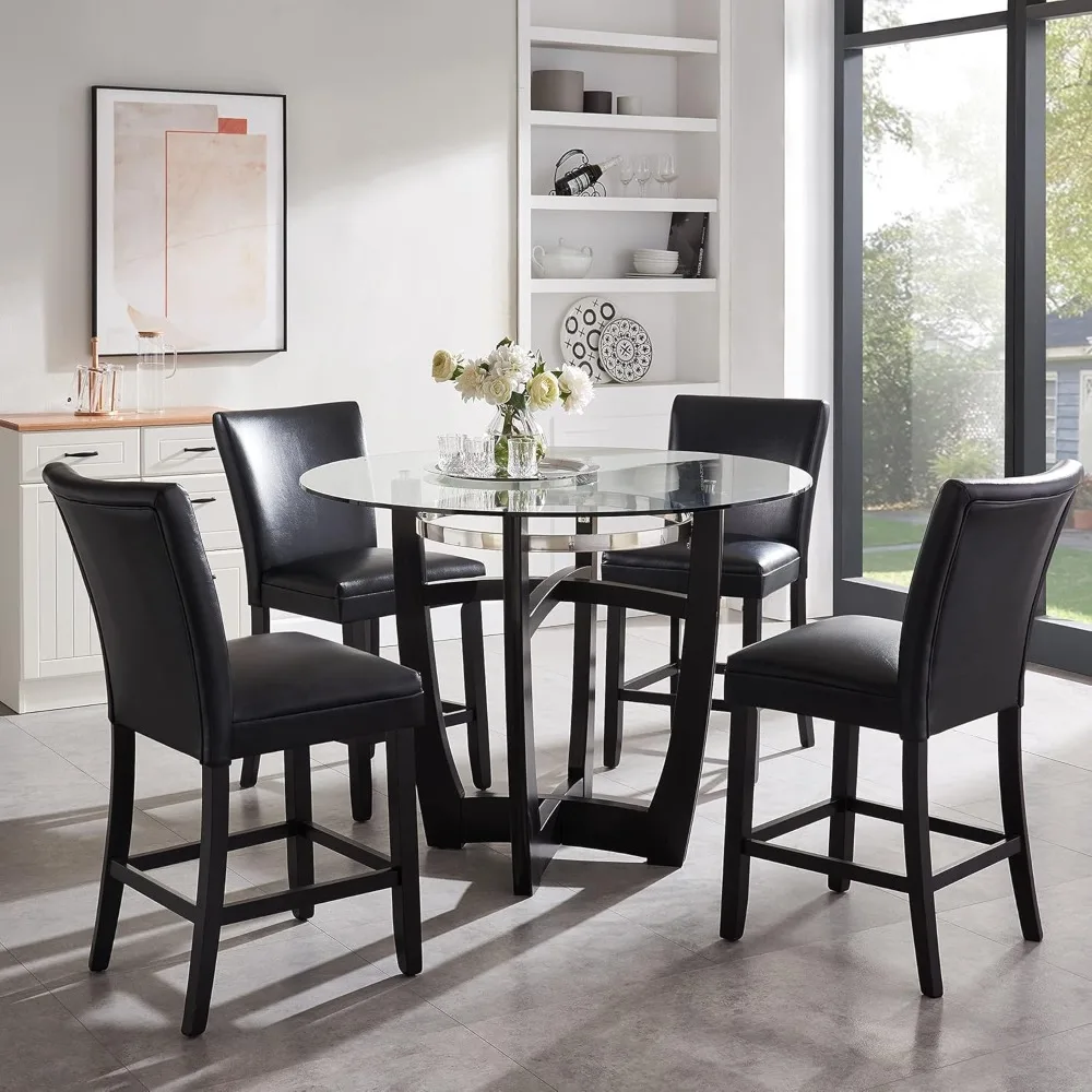 Counter Height Bar Stools, Faux Leather Bar Stools with Full Back, Solid Wood Legs Bar Chair - Ideal for Kitchen Island