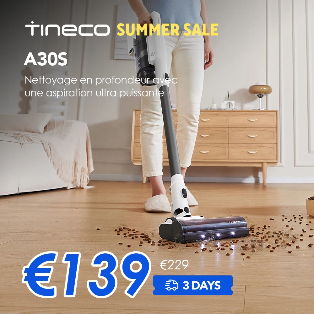 Tineco A30S Aspirateur Balai sans Fil, 60 Min d’Autonomie, Grand Réservoir de 1L, Brosse ZeroTangle,Technologie PureCyclone de, Eclairage LED