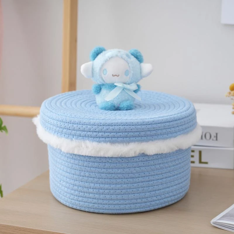 Kawaii Sanrio Cotton Rope Storage Basket with Lid Cinnamoroll My Melody Toy Organizer Desktop Storage Bucket School Supplies