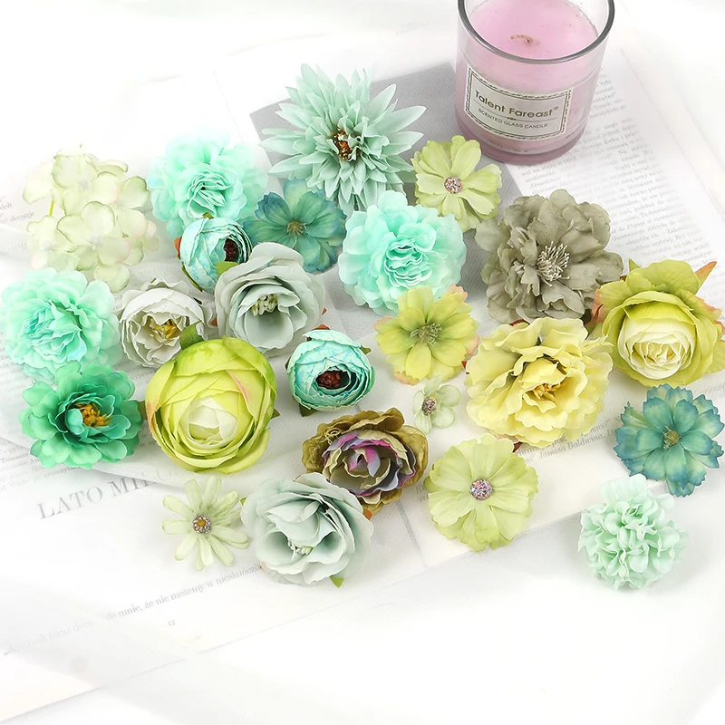 Green Rose Artificial Flowers Heads Silk Fake Flowers for Home Decor Marriage Wedding Decoration DIY Craft Wreath Gift Accessory