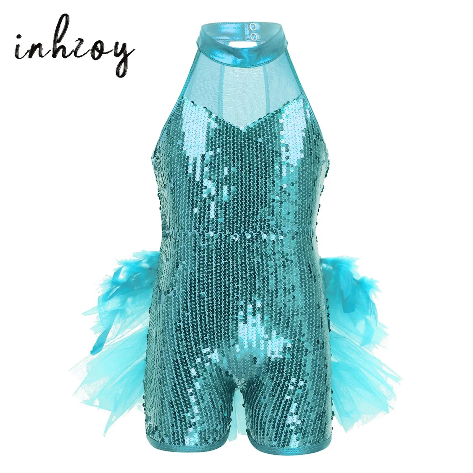 

Kids Girls Shiny Sequins Jazz Ballet Dance Leotards Sleeveless Feather Mesh Splice Jumpsuit for Latin Dance Performance Costume