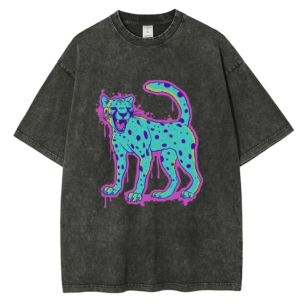 Cheetah Psychedelic Graphic T Shirts Heavyweight Pure Cotton Distressed Washed T Shirt Drop Shoulder Vintage Oversized Mens Tops