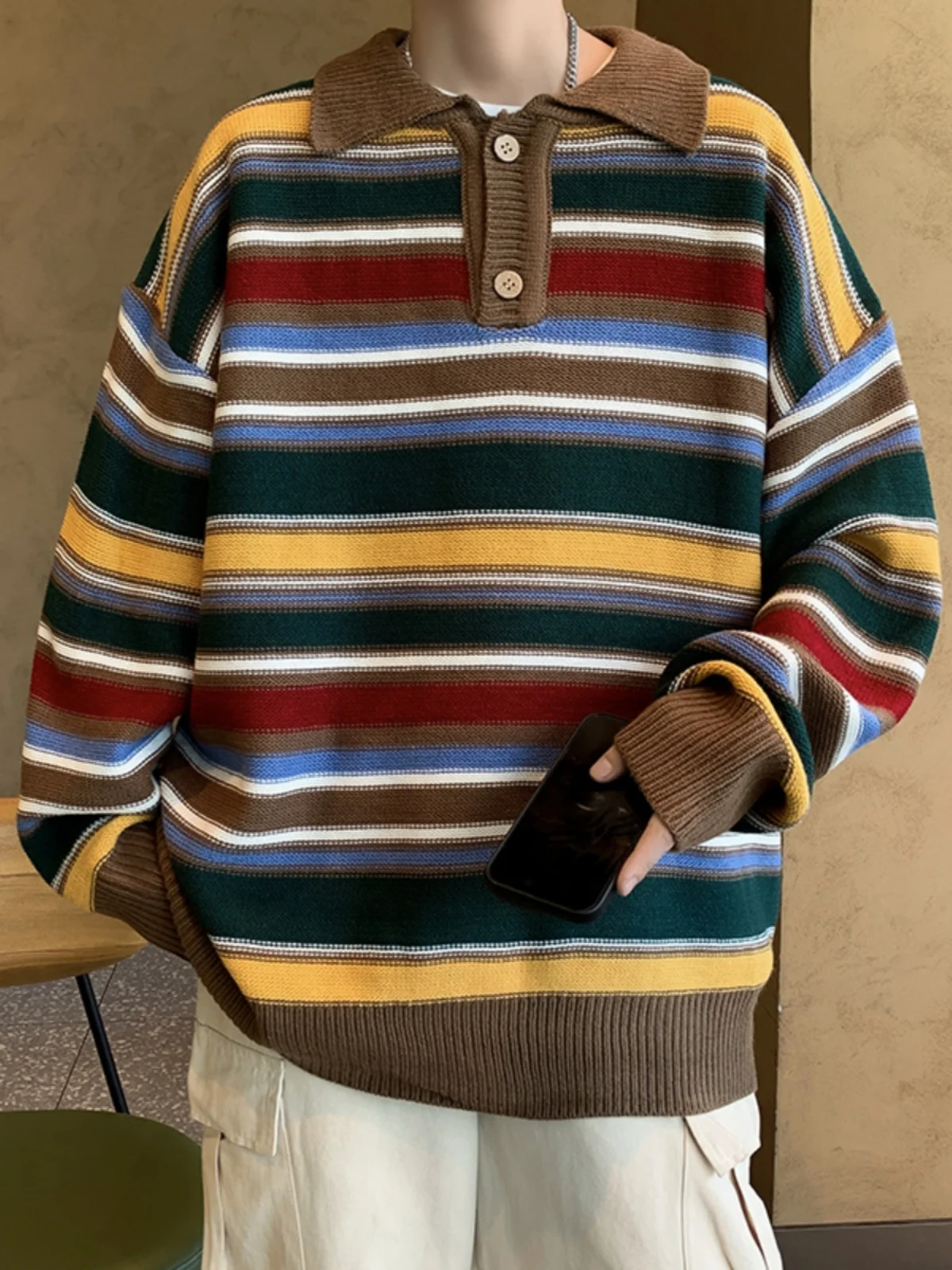 

Rainbow Stripes Ne Sweater Men's Loose Casual Knitted Winter Faion Vintage Laid-ba Sle Couple's Leisurewear