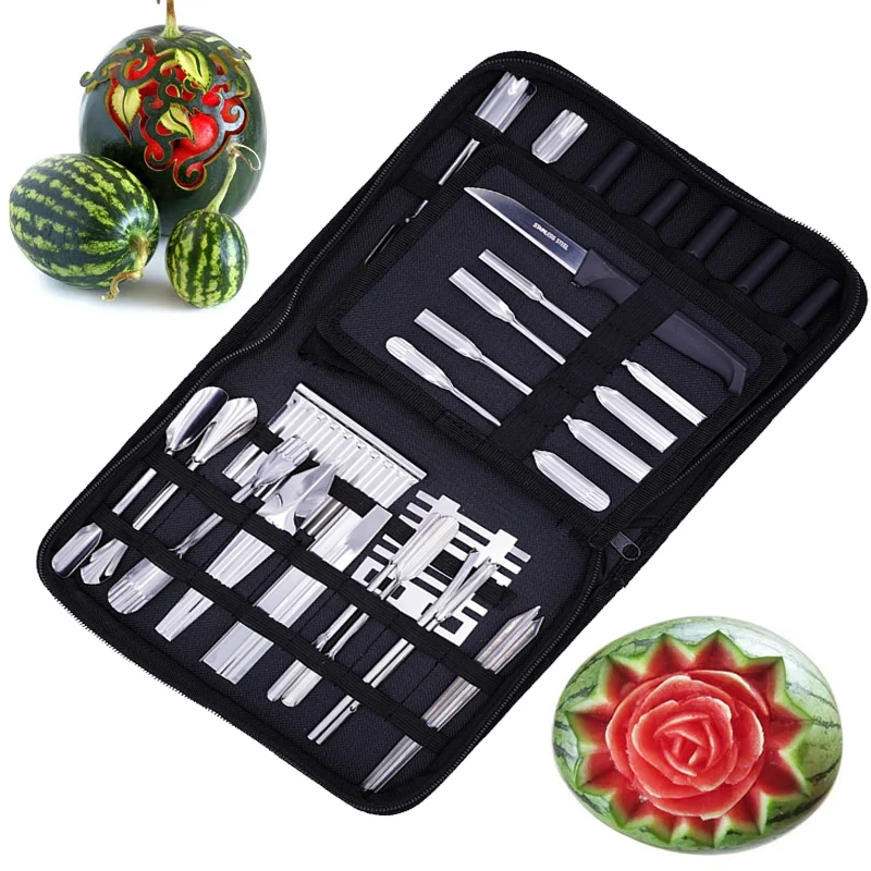 46pc/Set Vegetable Fruit Culinary Carving Tools Durable Stainless Steel Blade Plastic Handle Watermelon Cutting Slicing DIY Tool