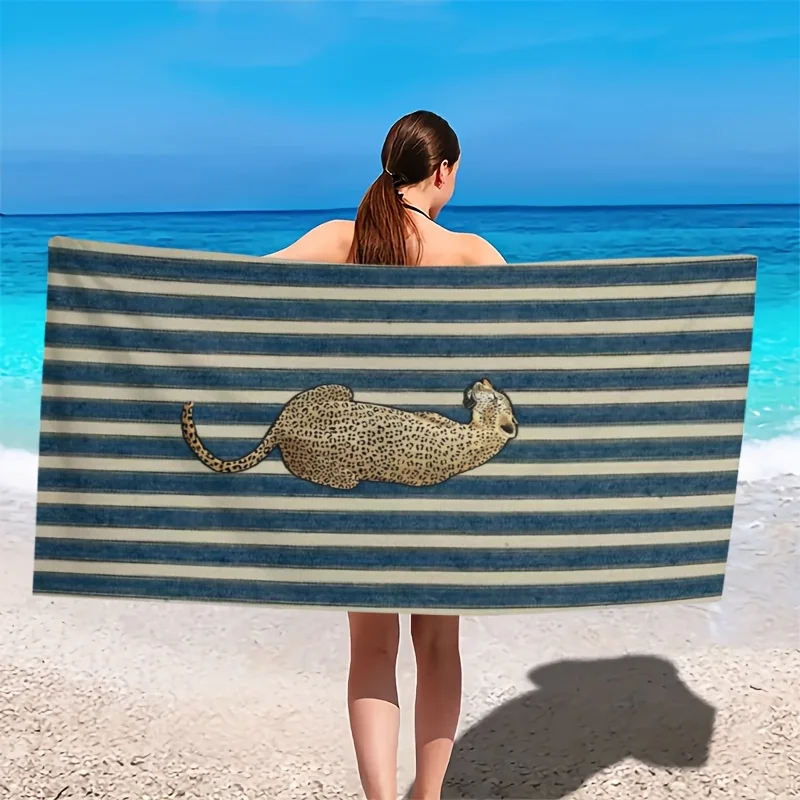 Blue and white striped cheetah theme polyester microfiber beach towel is highly absorbent, suitable swimming and beach outings