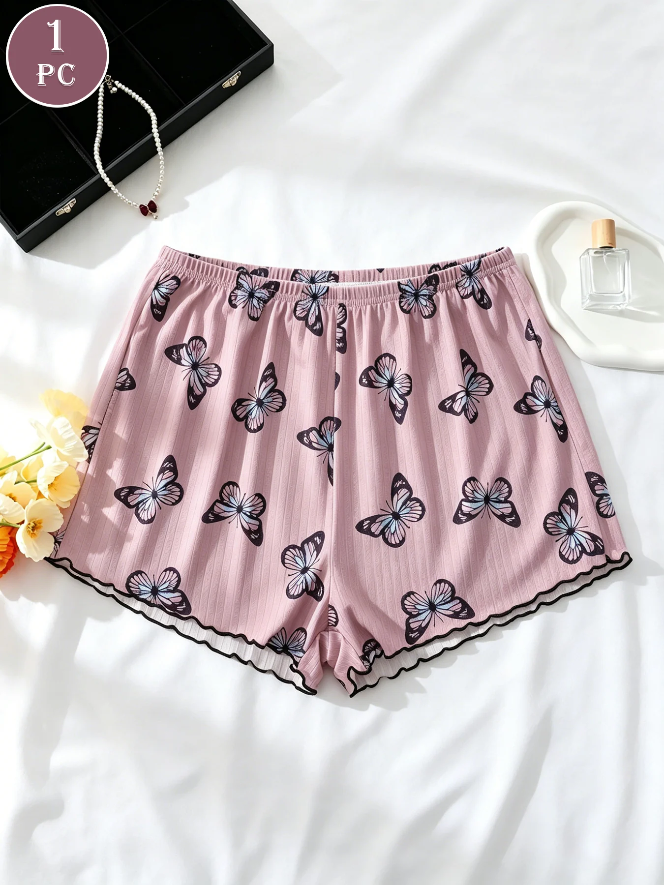 1PC Butterfly Print Waffle Knit Lounge Shorts, Elastic High Waist Scalloped Trim Soft Breathable Women Summer Sleep Bottoms