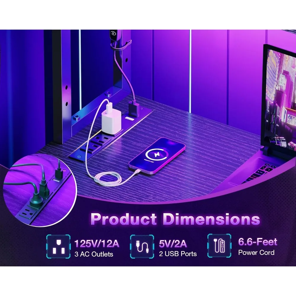 مكتب ألعاب على شكل حرف L مقاس 53 بوصة مع أضواء LED ومنافذ طاقة وأرفف تخزين وخطاف للمكتب المنزلي، أسود