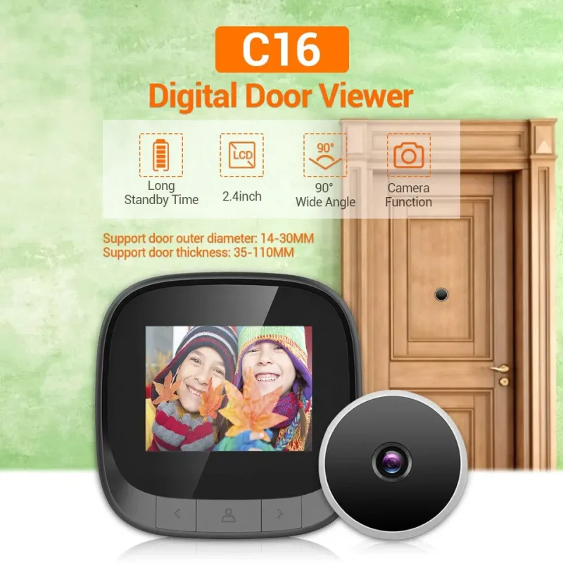 Bel pintu Digital layar warna LCD 2.4 inci, bel pintu 110 derajat, bel pintu lubang intip elektronik, kamera pengintai, bel pintu luar ruangan