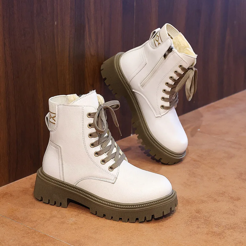 

2025 New Fashion Thick Sole Women's Boots Large Size Women's Shoes Black Keep Warm Fleece Platform Lace-up Ankle Boots