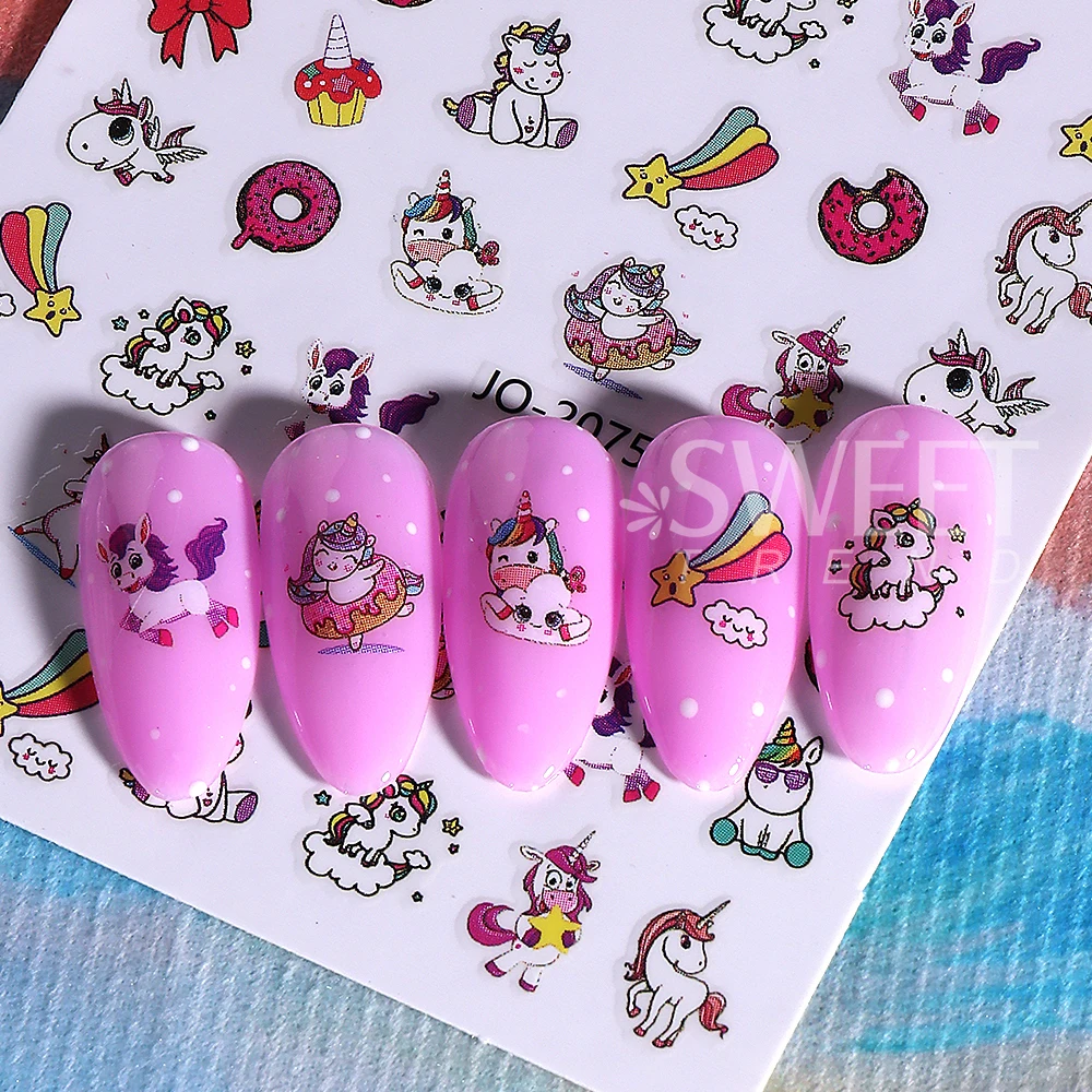 6 pçs bonito unicórnio adesivos de unhas 3d kawaii estrela amor coração arco-íris arco nuvens auto-adesivo decalques da arte do prego manicure decoração