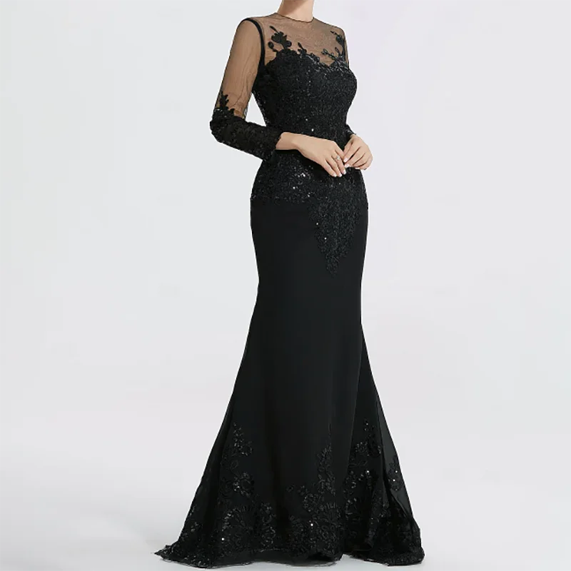 

Black Mermaid Sequin Lace Round Neck Long Sleeve with Appliques Satin vestidos de fiesta prom dresses 2025 vestidos para mujer ﻿