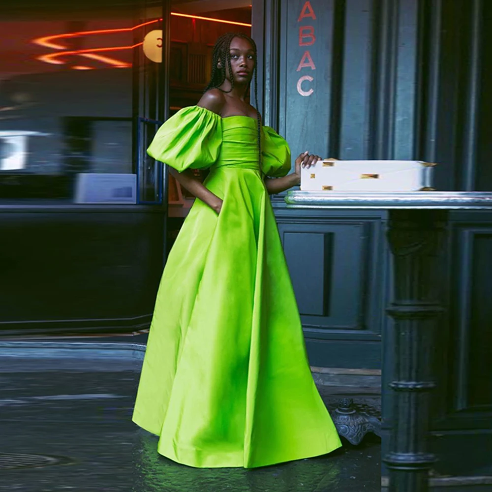 Vestido de noche de satén con hombros descubiertos para mujer africana, vestido de fiesta Simple, mangas abullonadas, color verde, Moderno