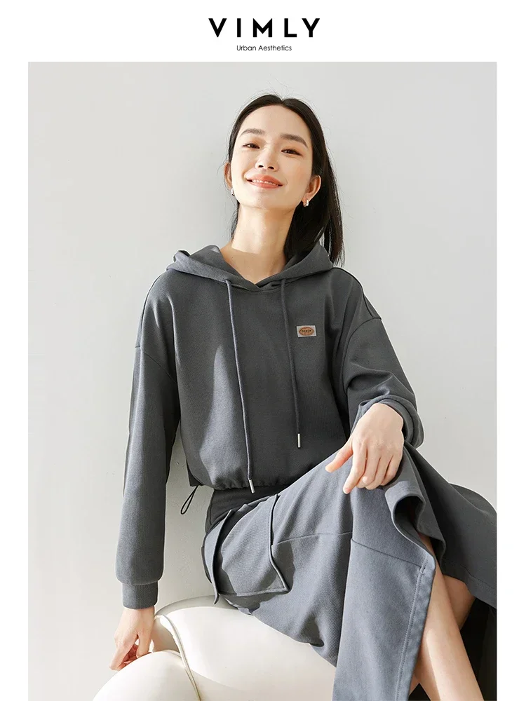 Vimly Gray Womens 2 Piece Outfit Set Cropped Hooded Sweatshirts Elastic Wais Split Skirts 2024 Spring Casual Matching Sets M3971