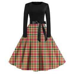 Winter Christmas Dresses Women 50s 60s Vintage Robe Swing Pinup Elegant Party Dress Long Sleeve Casual Christmas Print Vestidos
