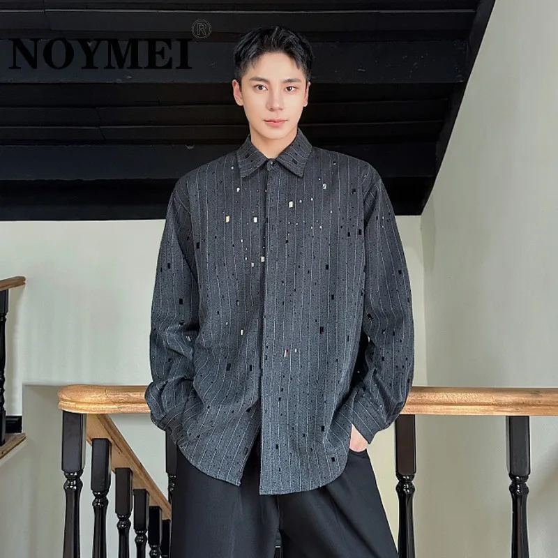 NOYMEI Shirt Men's Autumn New 2024 Lapel Single-breasted Solid Color Diamonds Design Hole Blouses Fashion Trend WA5675