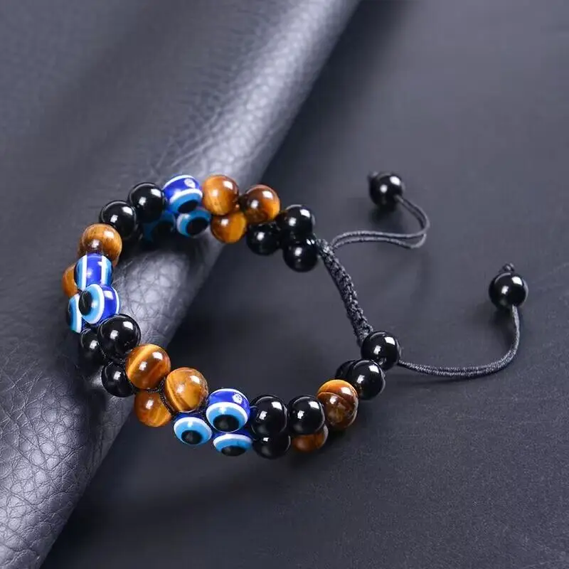 Triple Protection Bracelet for Men Women 8MM Black Obsidian Evil Eye Tigers Eye Hematite Healing Bracelets Bring Luck ,Happiness