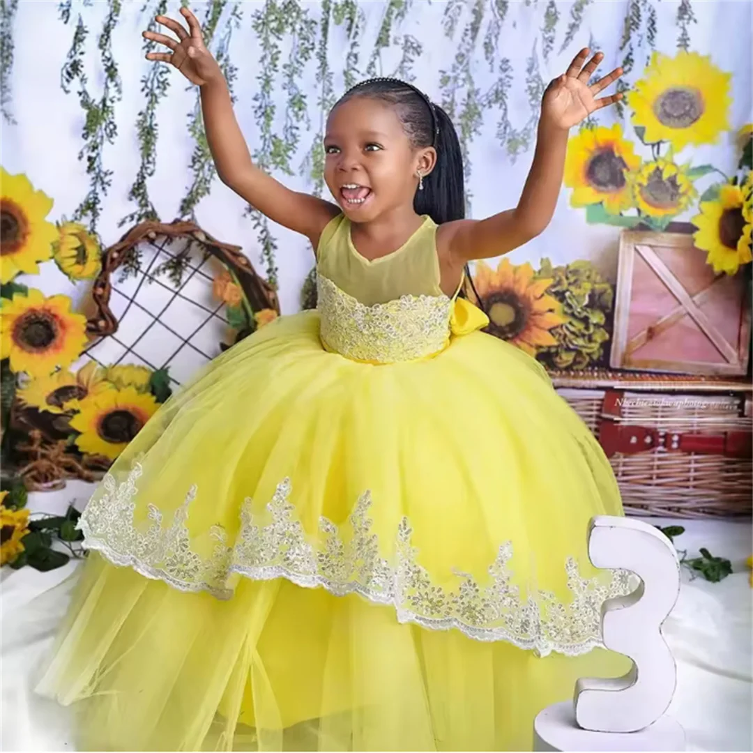 

Желтое платье принцессы с цветочным узором на день рождения по индивидуальному заказу для свадьбы, кружевные аппликации, пышные вечерние платья без рукавов для первого причастия
