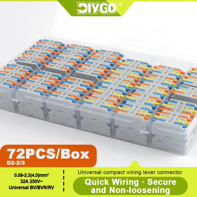 DIY GO 72PCS Lever Wire Electrical Connectors Nuts Kit with 2/3 Conductor Compact Insulated Terminals Quick Disconnect Splicing