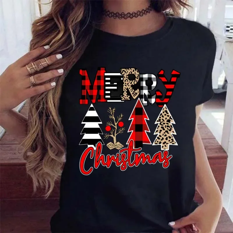 Women Leopard Plaid Tree New Year Winter Season Cute Merry Christmas Print Tshirts Top T Shirt Ladies Graphic Female Tee