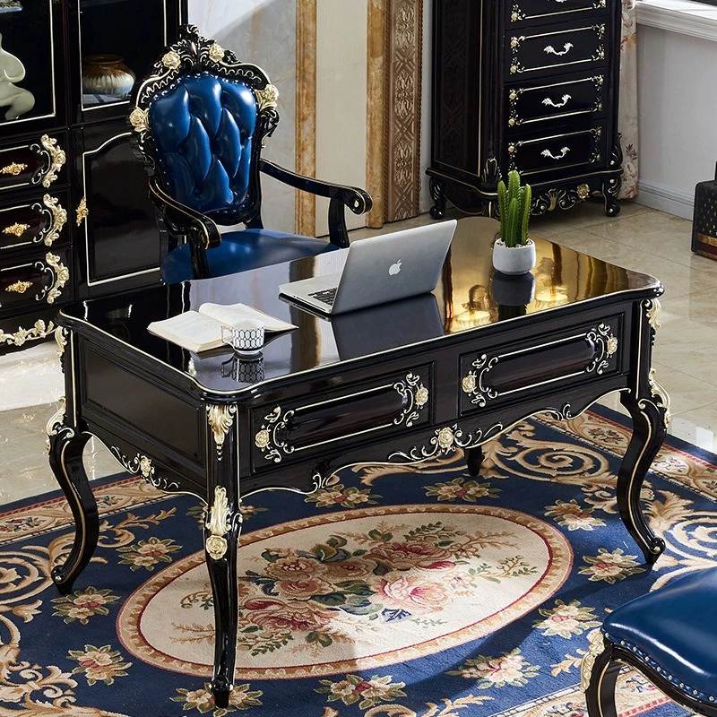 

Европейский стол, стол из цельного дерева, резьба по дереву, цветок, учебная мебель, письменный стол, кожаный книжный стул из цельного дерева, европейский офисный стул