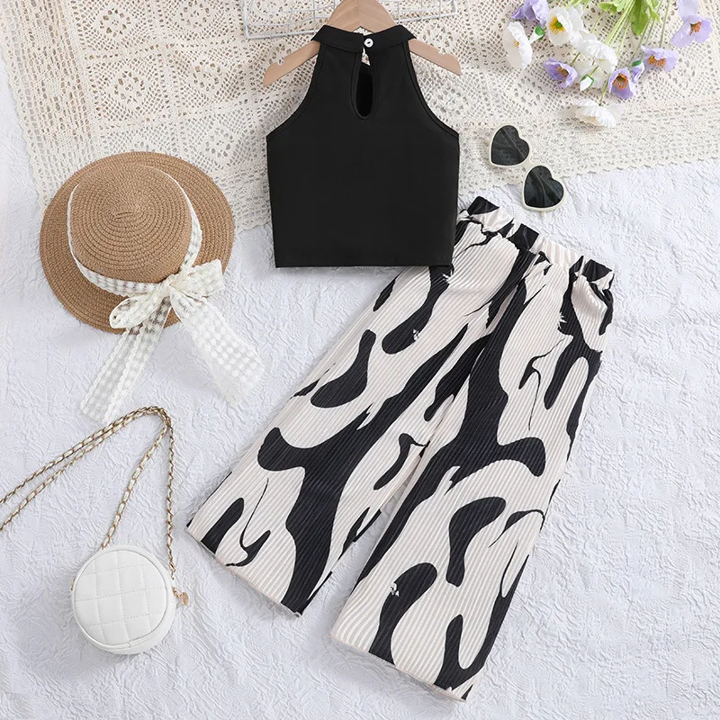 4-12Y Summer Kids Suits For Girls Sleeveless Vest Tops+Black&White Pattern Pants Vacation Stylish Elegant Party Casual 2Pcs Set