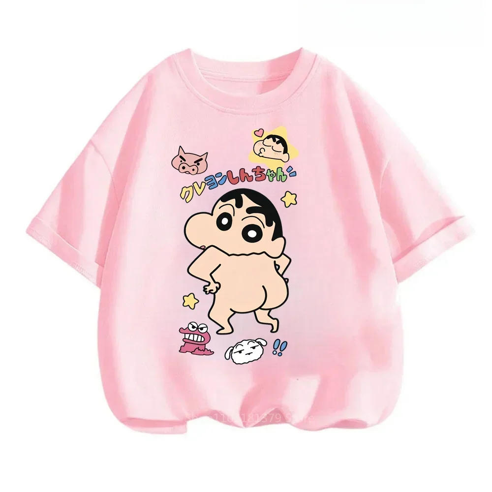 Trendy Japanese Anime Tees for 2024 Kawaii Crayon Shin-chan Prints on Soft O-neck T-shirts for Fashionable Boys and Girls