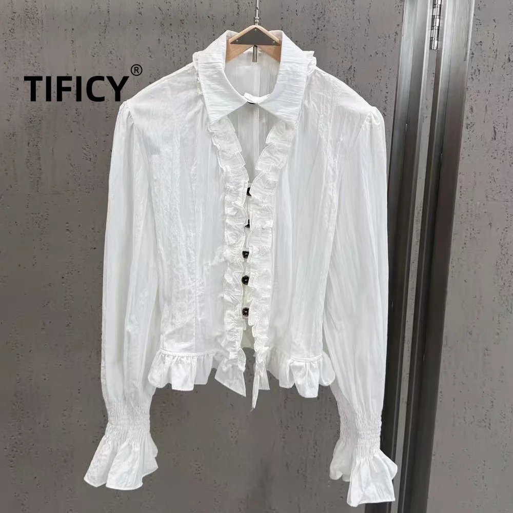 High Street Shrirts Autumn Women's Retro White Long Sleeved Mushroom Trimmed V-neck Strap and Waist Cinching Tshirt Top
