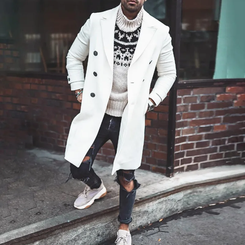 Single Breasted Overcoat Wool Men Blends Jacket Solid Coats Outerwear Long Sleeve Cardigan Turn Down Collar Pockets Casual