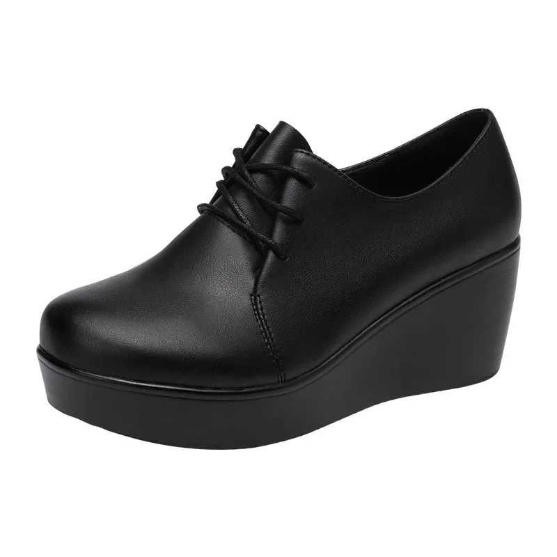 6cm Small Size 32-43 Deep Mouth Platform Pumps Women Oxfords Leather Fall 2024 Med Heels Wedges Shoes for Office Mom Dance Work