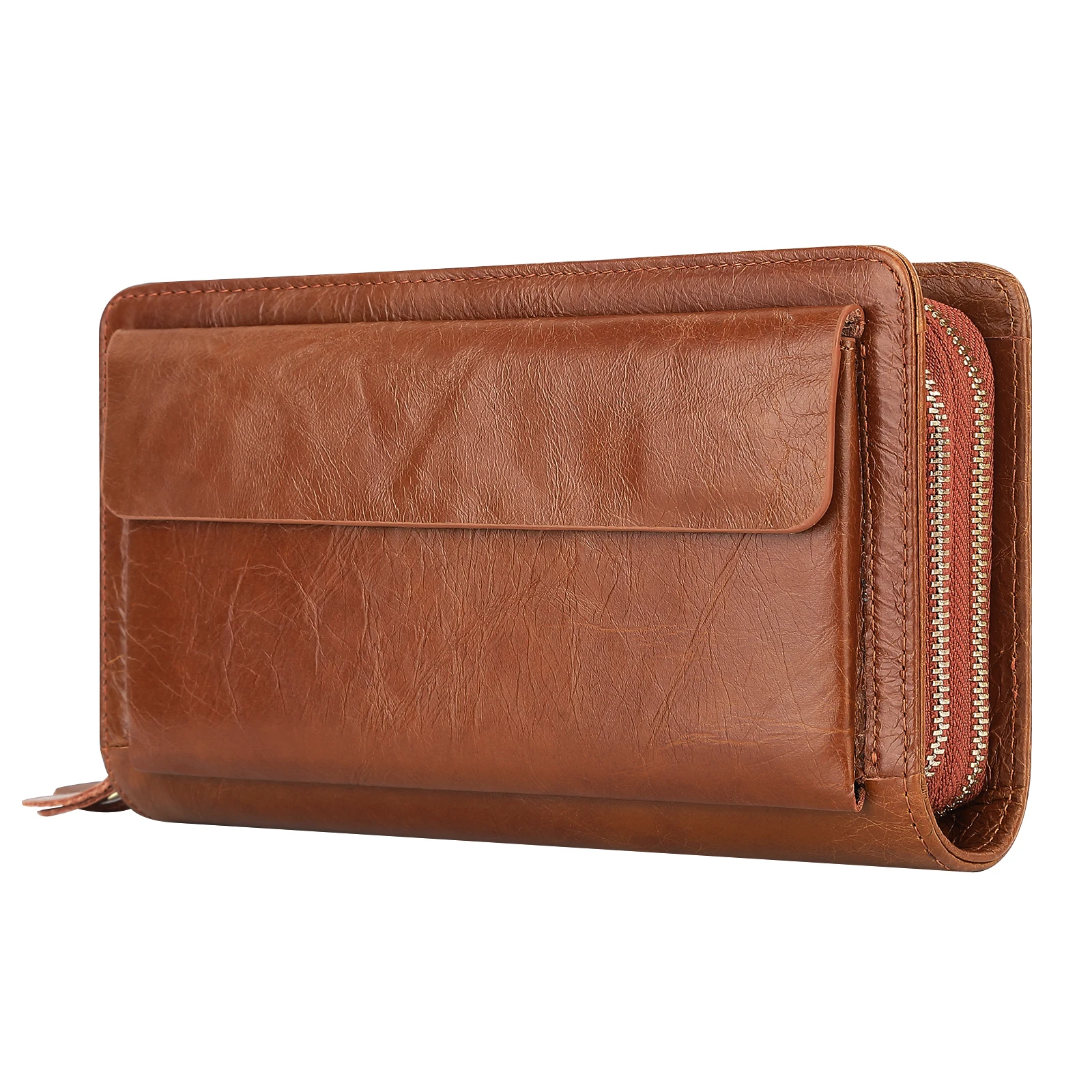 Clutch Bag Genuine Leather Men's Wallet Clutch Bag Card Holder Long Wallets Double Zipper Large Capacity Vintage Male Purses