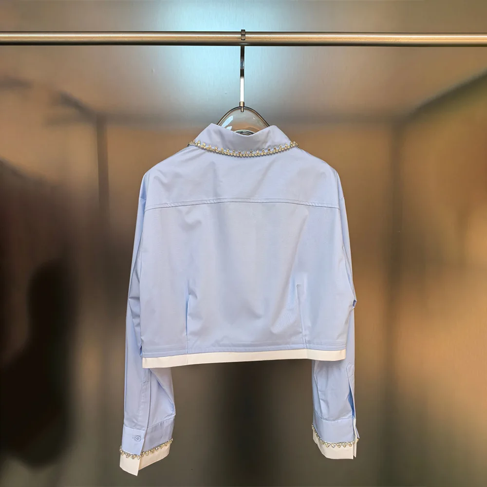 2025 Autumn New Women Slim Fit Short Polo Shirt Long Sleeve Cotton Shirt with Rhinestone Design