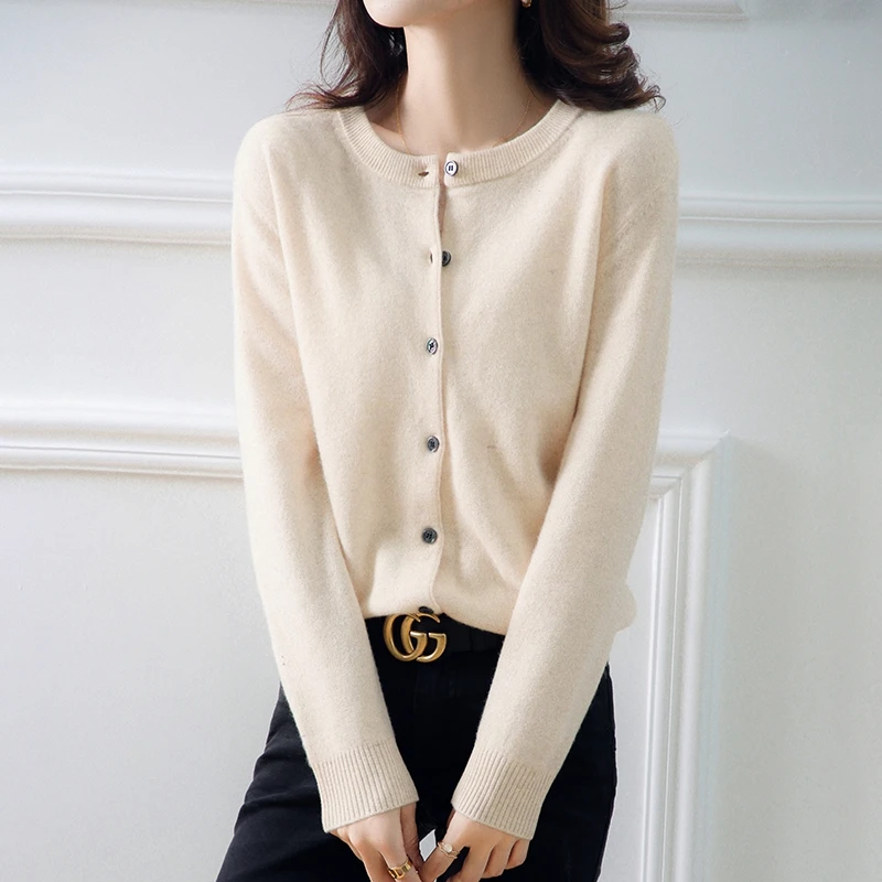 New cashmere cardigan in autumn and winter women\'s round neck loose long sleeve sweater solid color knitted top