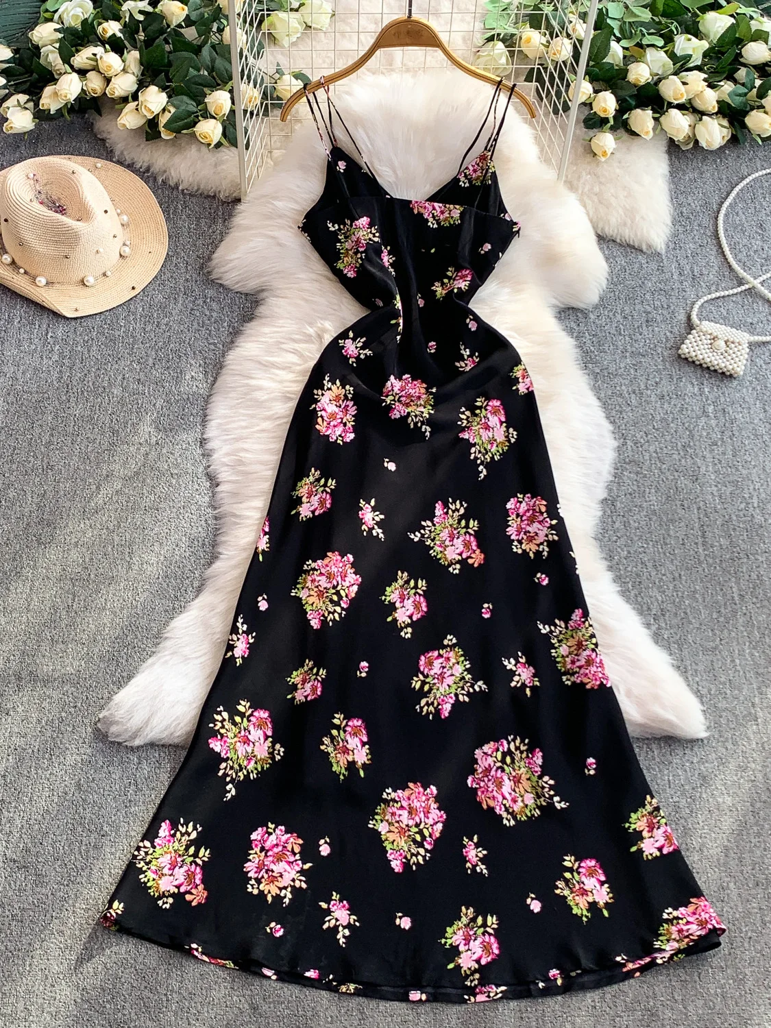 Ele Satin Print V-Ne Strapl Dr Damen High Waist A-Line Knielanger Rock Ele Sle Blumendruck Sommer Dr