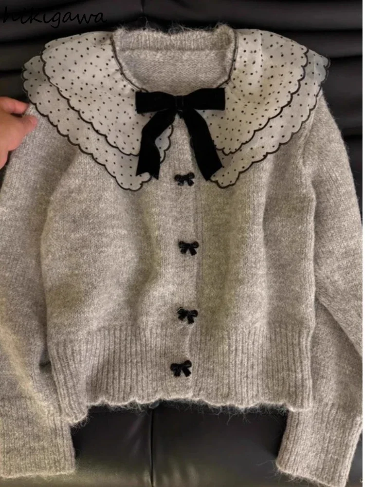 2024 Women Clothing Sweet Sweater Jackets Polka Dot Peter Pan Collar Bow Pul Femme Vintage Knitted Cardigan Korean Sueter Mujer