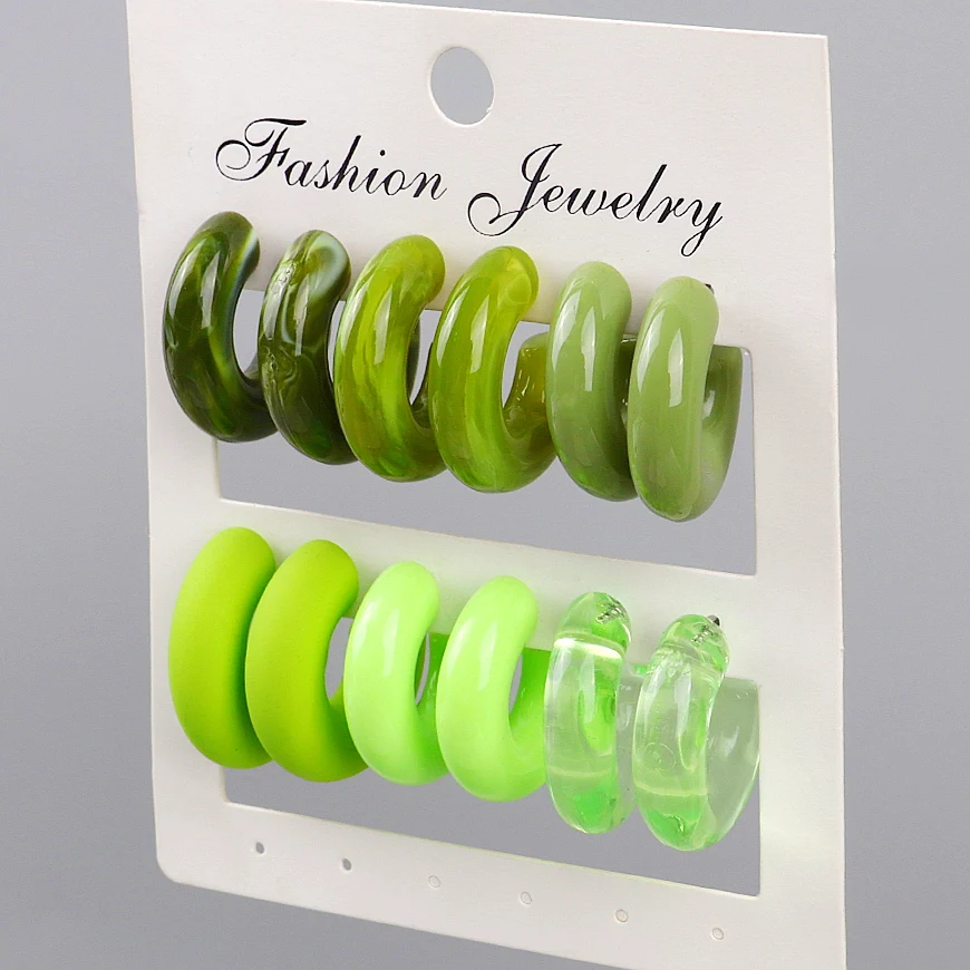 

FishSheep 6 Pair Trendy Acrylic Green Color Hoop Earrings Sets for Women Bohemia Geometric C Shape Earring Female Jewelry Gifts