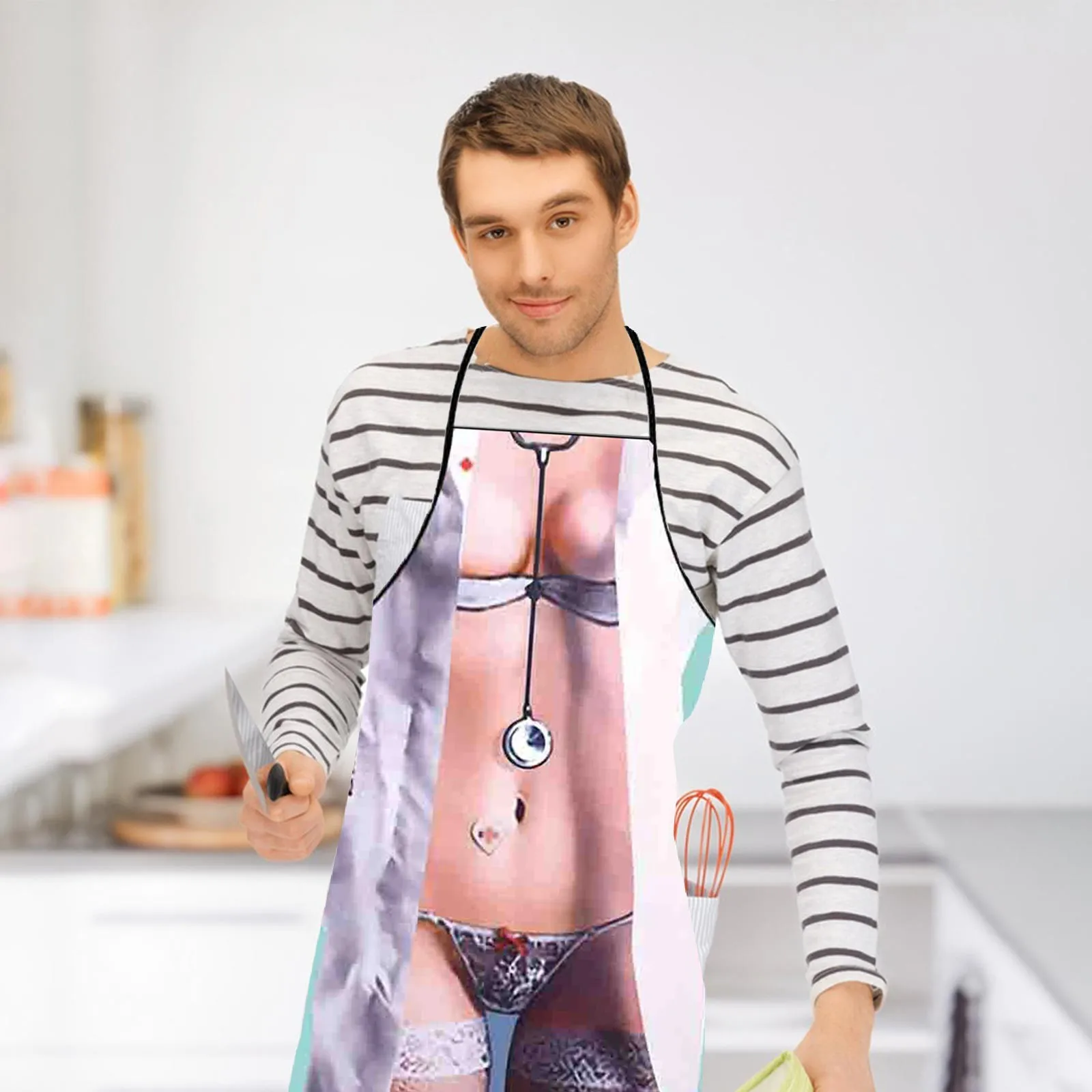 Funny Personality Creative Apron Muscle Men\'s Apron Bikini Series Cartoon Couple Apron Leather Aprons for Men with Pockets