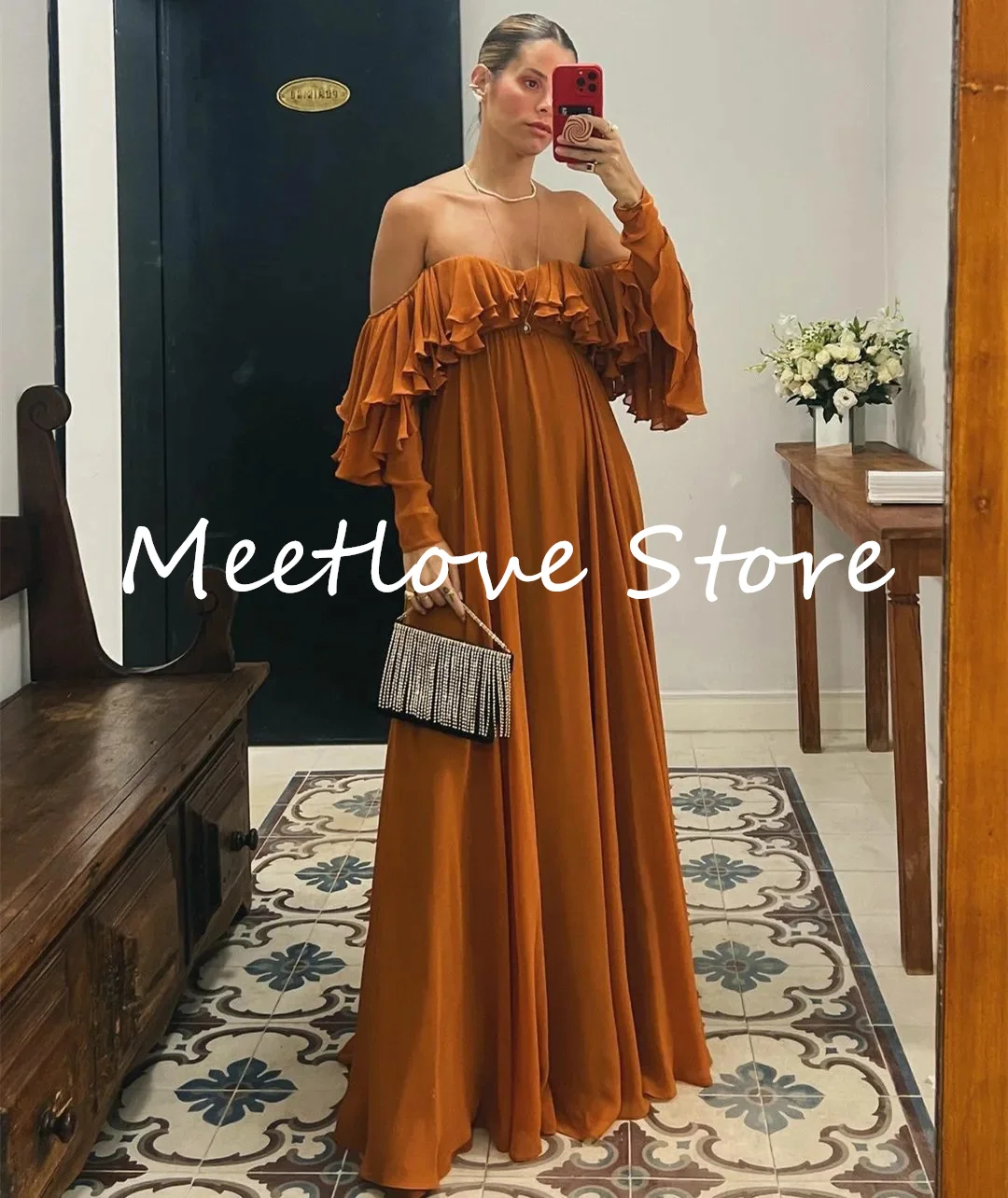 Meetlove-Vestido largo de gasa con volantes para mujer, vestido de noche naranja elegante, largo hasta el suelo