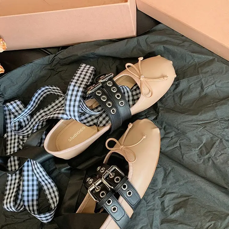 Zapatos de Ballet con lazo Retro francés para mujer, zapatos Mary Jane a la moda, planos con cordones de cabeza redonda, novedad de verano y otoño,