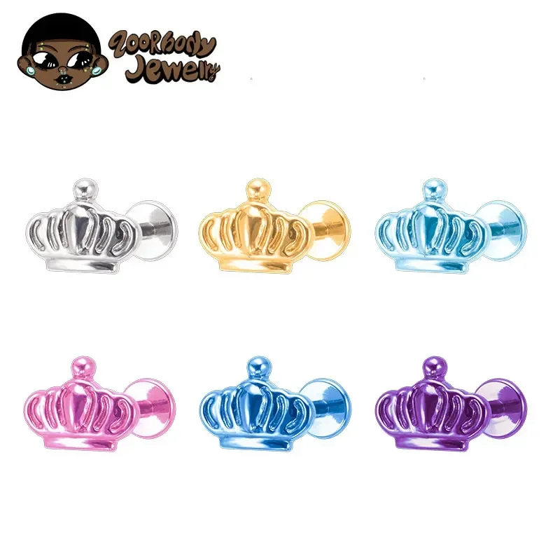 ASTM F136 TItanium Crown Labret Piercing 16G Internal Thread Flat Tragus Conch Lobe Piercing Nose Implant Grade Anodized Jewelry