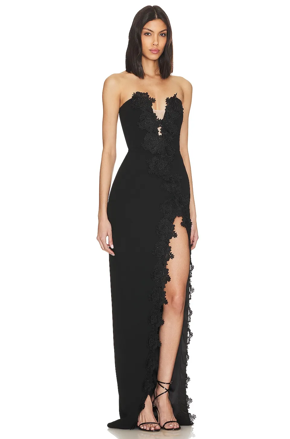 

Black White Color Womenn Sexy Strapless Lace High Split Bodycon Long Dress Elegant Evening Party Celebrity Red Carpet Dress