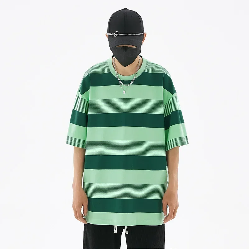 Oversized Striped T Shirts Men Loose Fit Breathable Cotton Tees Fashion Classic Graphic T Shirts Streetwear Short Sleeves Male