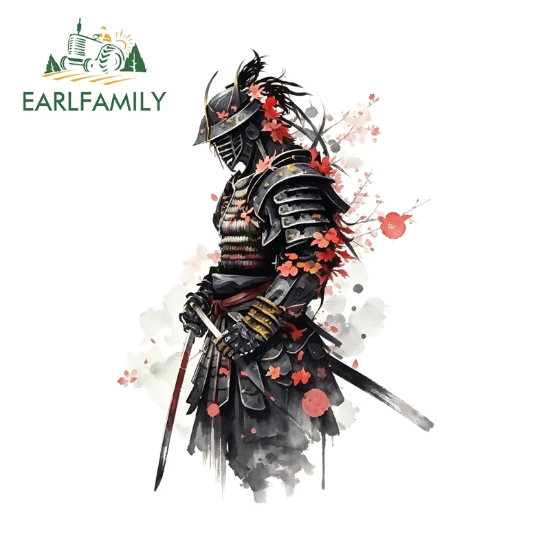 EARLFAMILY Standing Samurai Car Stickers Cool Black Armor Fallen leaves Decal Scratch Proof Vinyl Art Window Helmet Bumper Decor