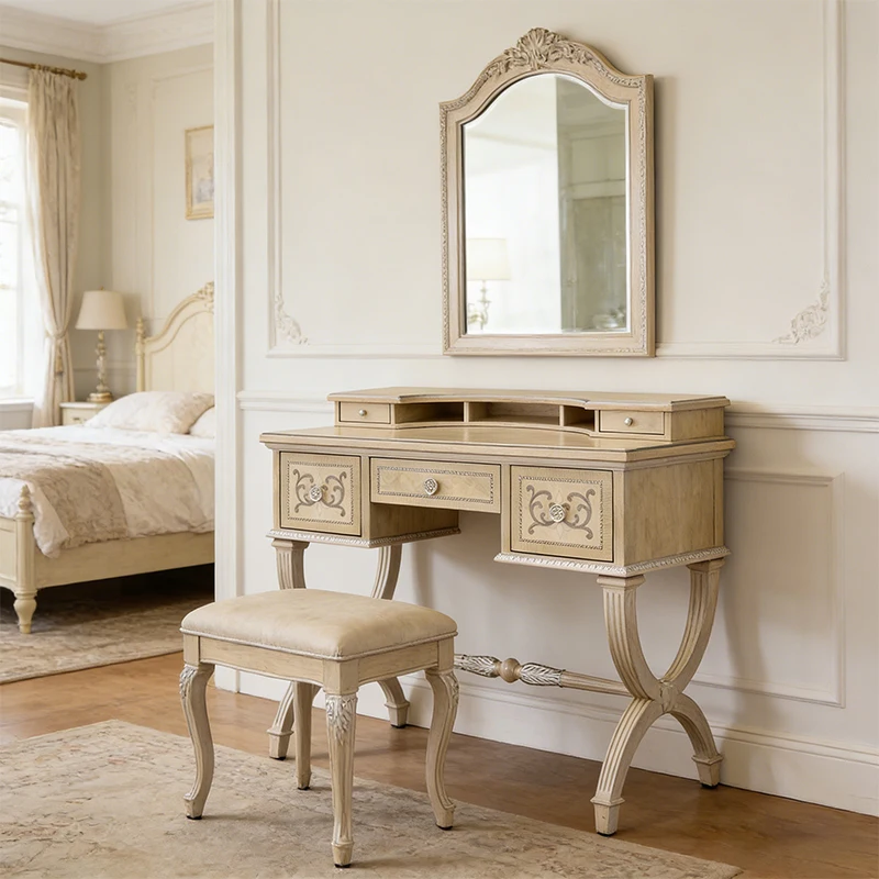 ！@French European Style Customized Durable Wooden Vintage Bedroom Make up Vanity Table with Mirror for Hotel Apartment Use